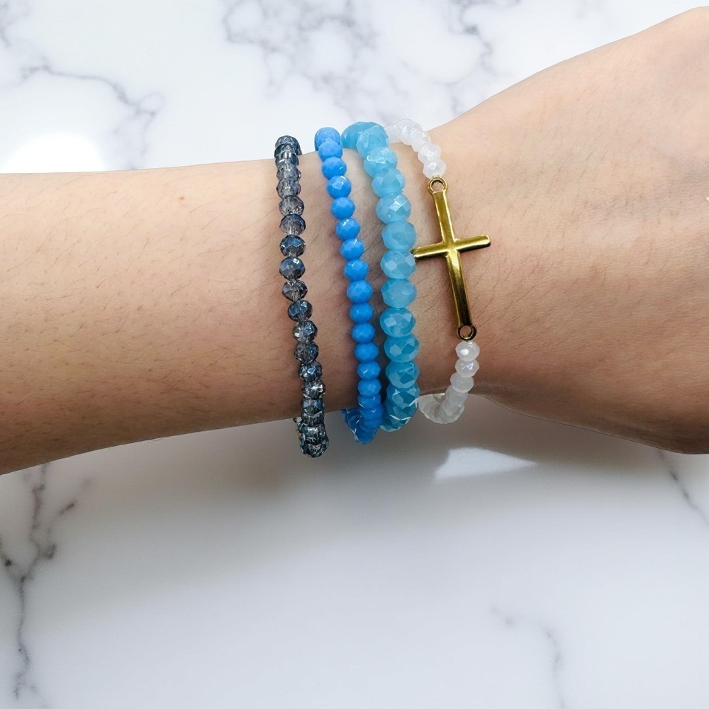 Stainless Steel Cross beaded Arm Candy Bracelet - Blue Sky Theme - Picture 3 of 8
